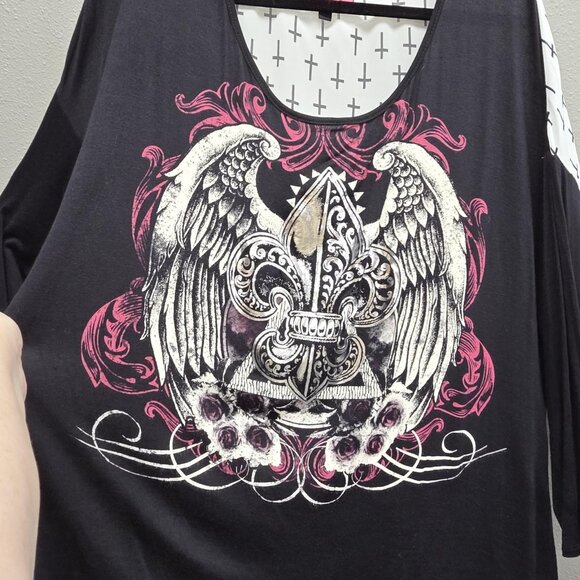Sugar High Shirt Womens 3X Black Dolman Winged Fleur-de-Lis Cross Back Made USA - Picture 2 of 10
